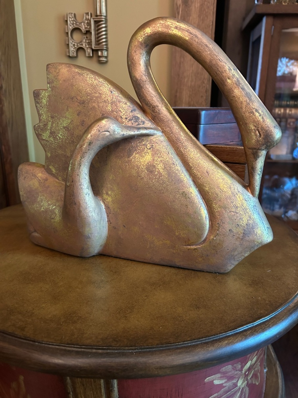 Vintage Swan Sculpture in Metallic Gold and Copper Finish Ceramic
